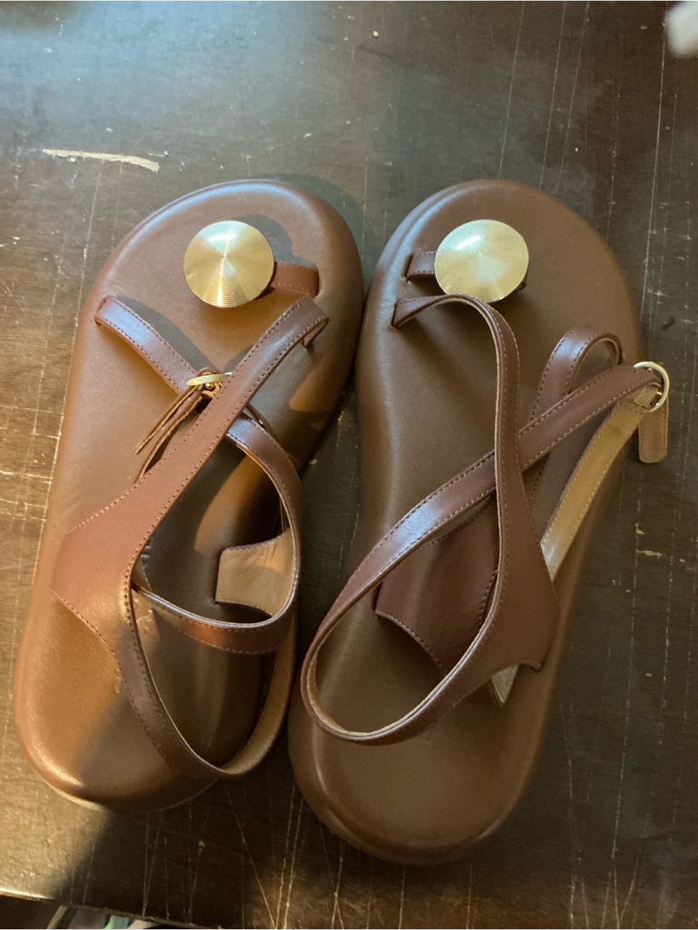 Robert Clergerie Brown Leather Toe-Ring Slingback Sandals with Gold Disks